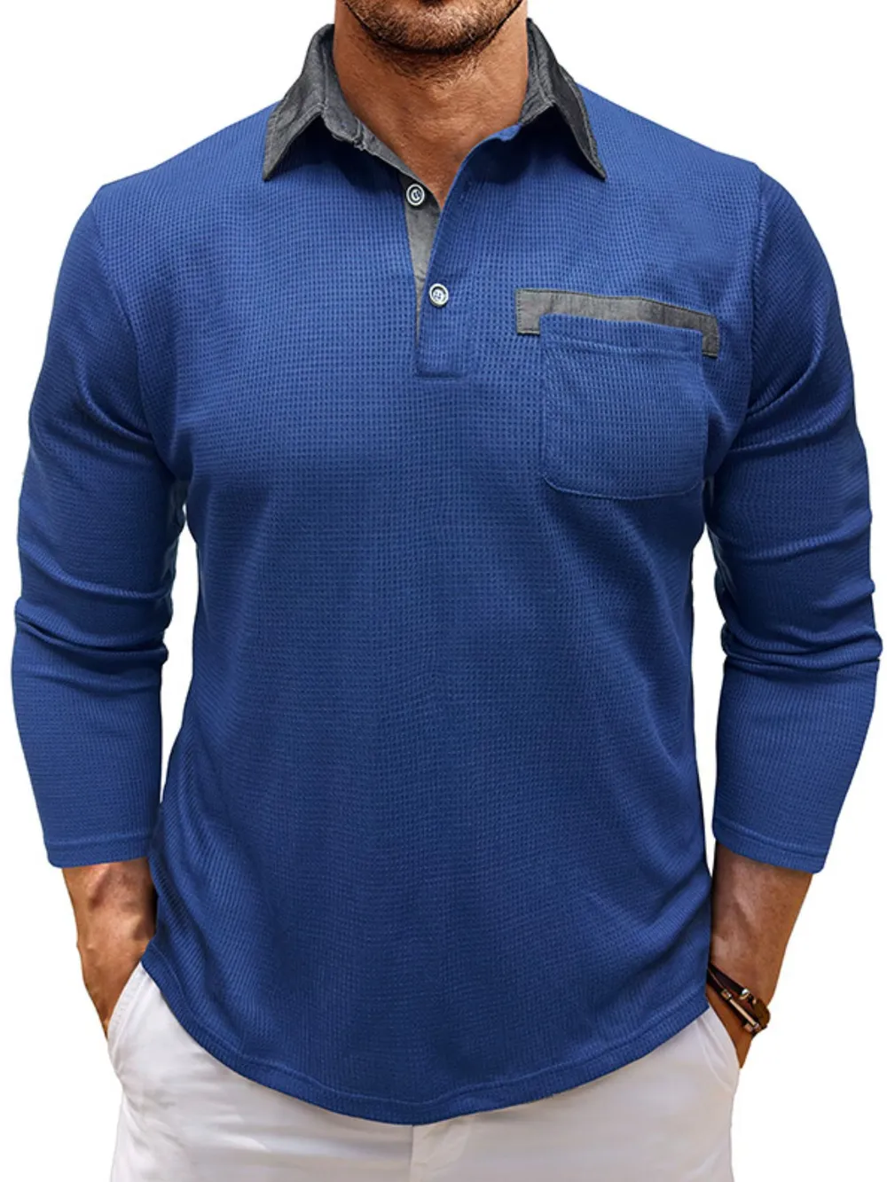 Men's Contrast Collar Long Sleeve Casual Polo Shirt, image 7