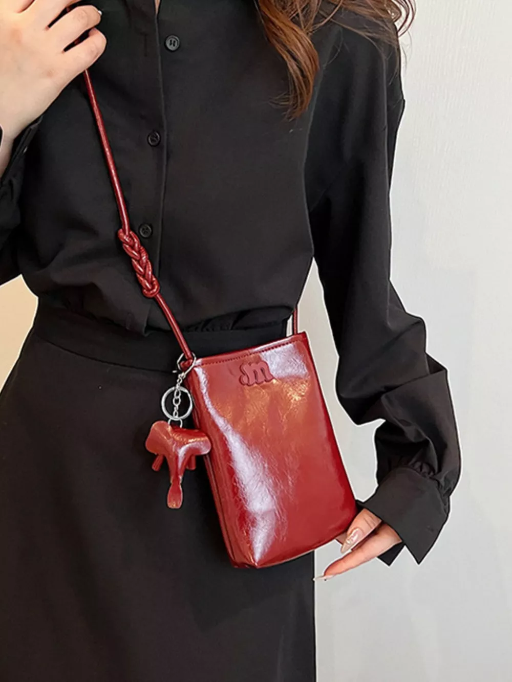 Minimalist PU Leather Crossbody Bag with Elephant Charm, image 5