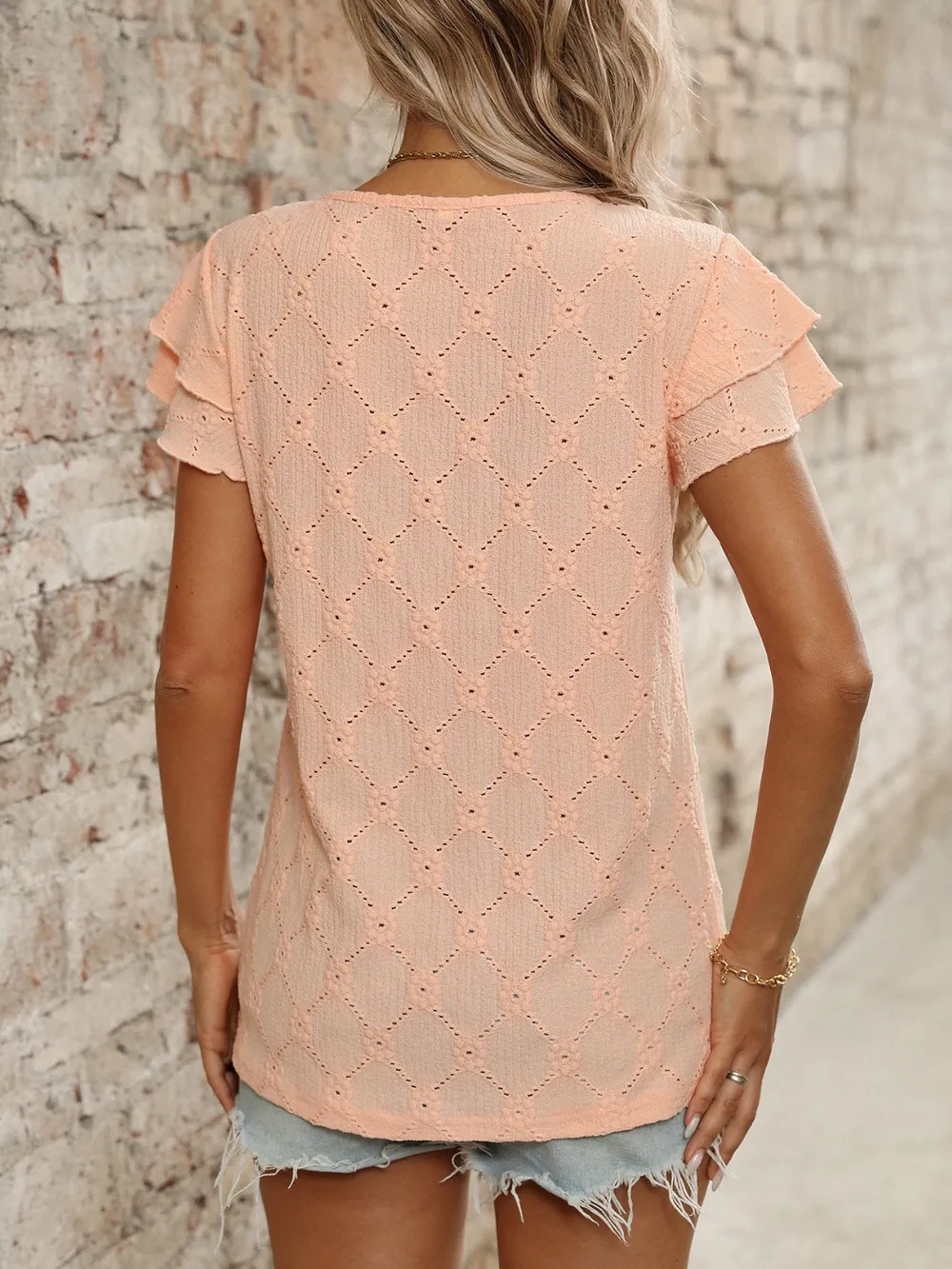 Eyelet Round Neck Double Layered Ruffled Short Sleeve Top, image 23
