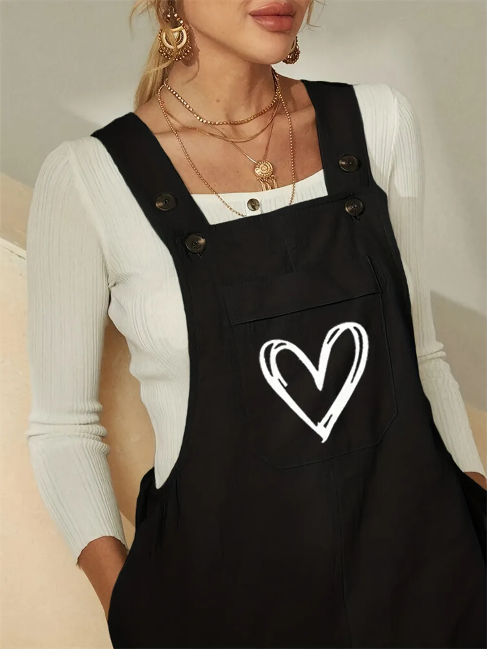 Heart Square Neck Wide Strap Overalls, image 2
