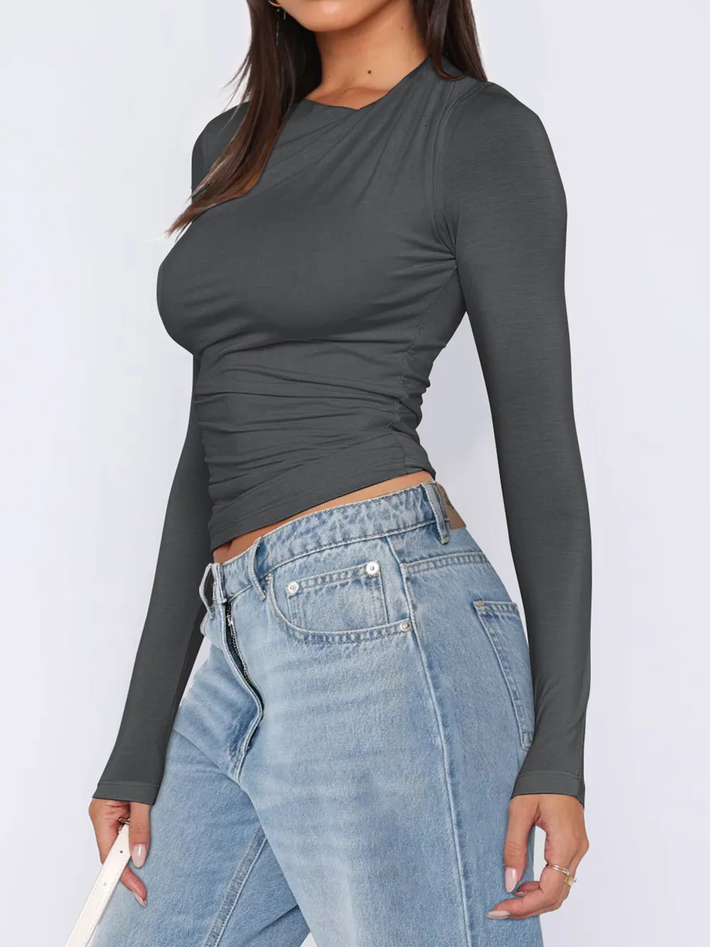 Ruched Asymmetrical Neck Long Sleeve T-Shirt, image 13