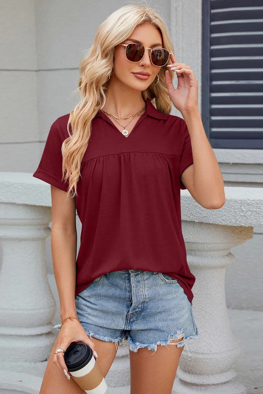 Ruched Johnny Collar Short Sleeve Blouse, image 4