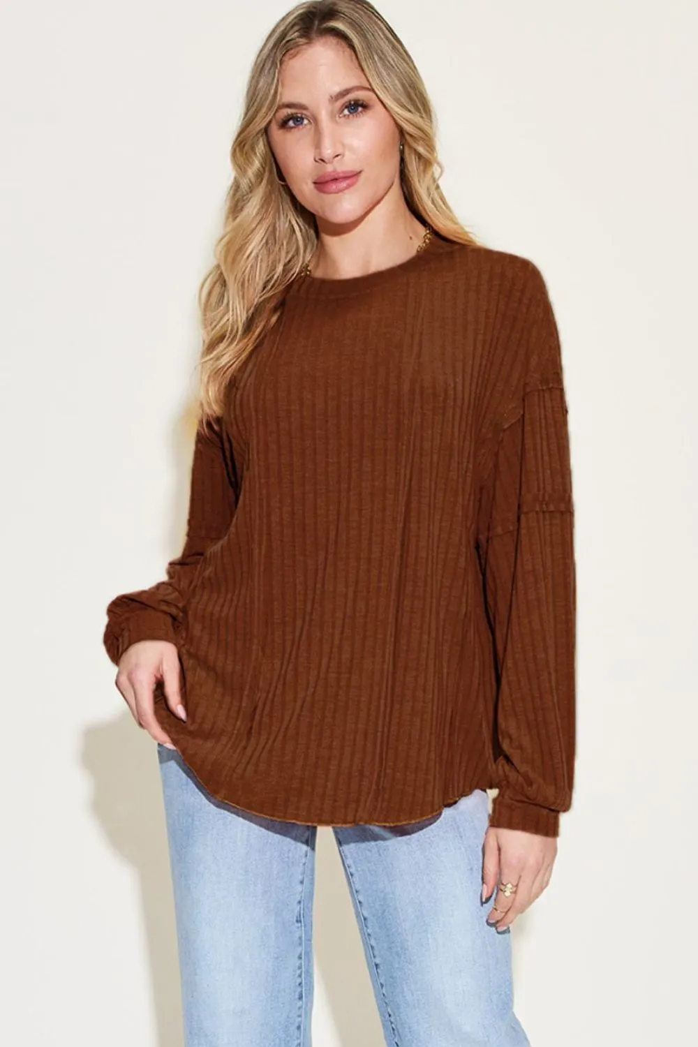 Full Size Ribbed Round Neck Long Sleeve T-Shirt, image 23