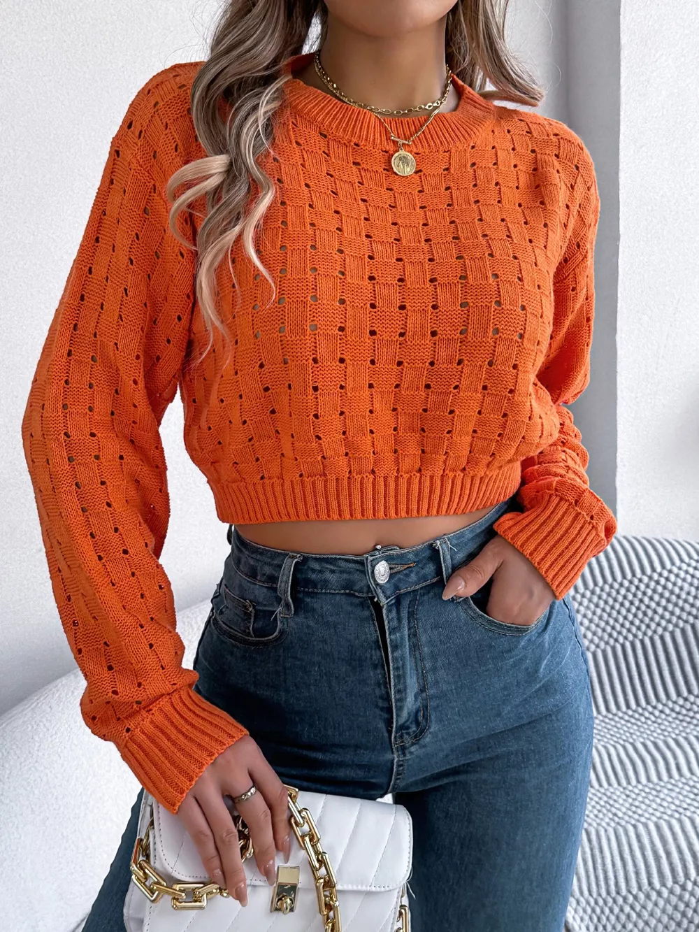 Cutout Back Openwork Round Neck Long Sleeve Sweater, image 7
