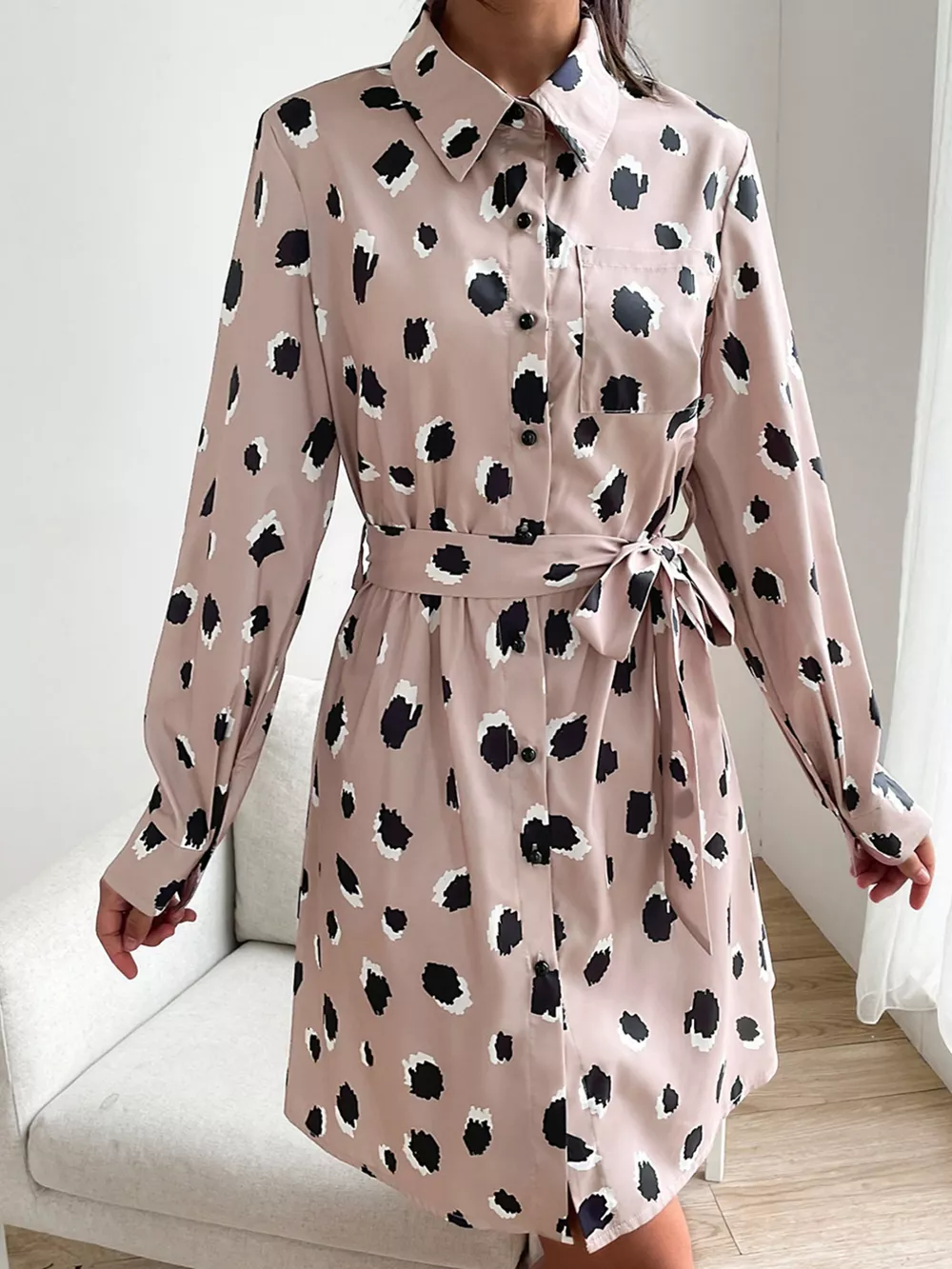 Printed Long Sleeve Mini Shirt Dress, image 4