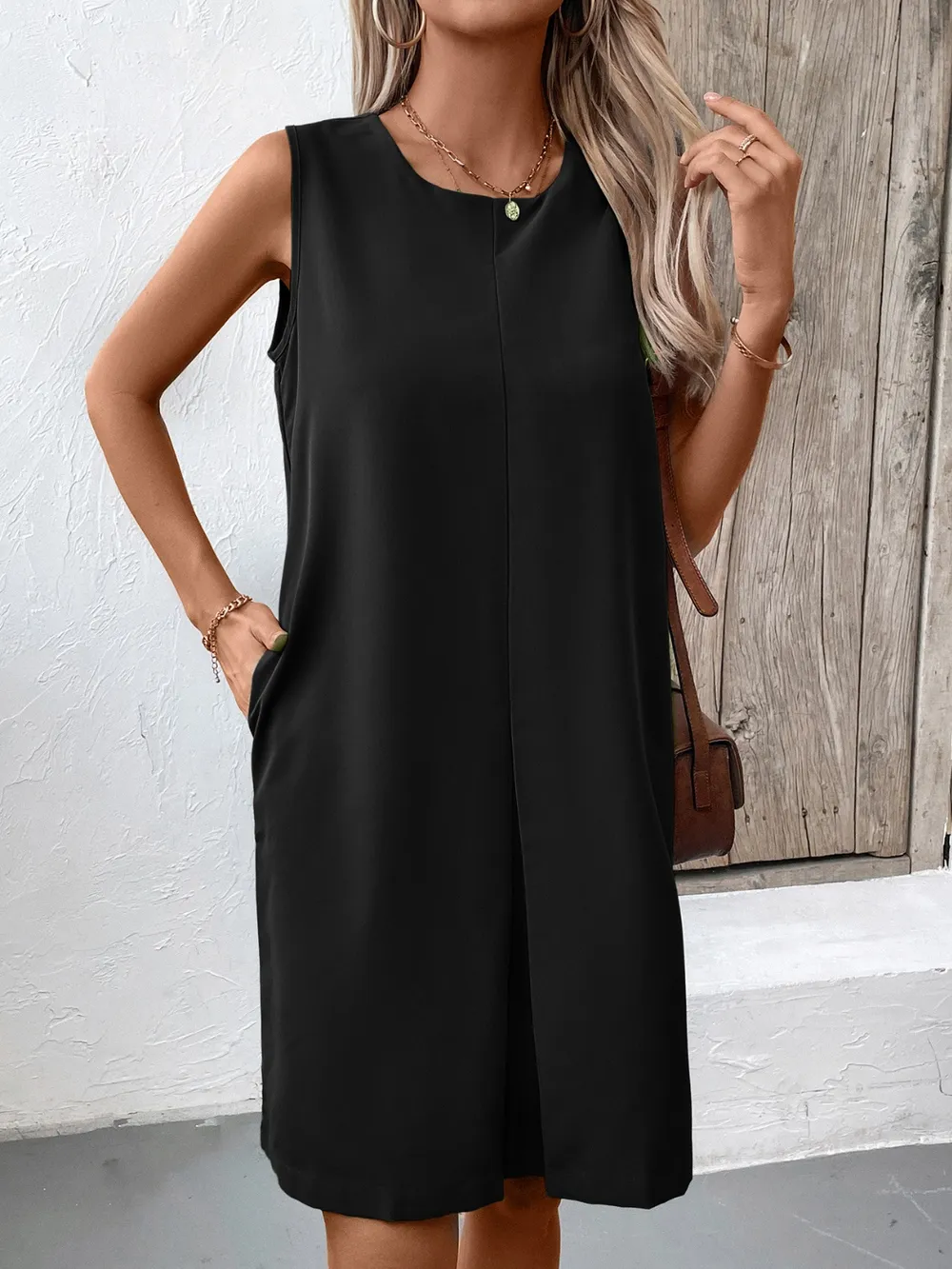 Pocketed Round Neck Sleeveless Mini Dress, image 19