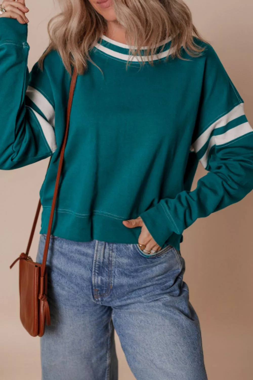 Contrast Striped Patchwork Round Neck Drop Shoulder Sweatshirt, image 2