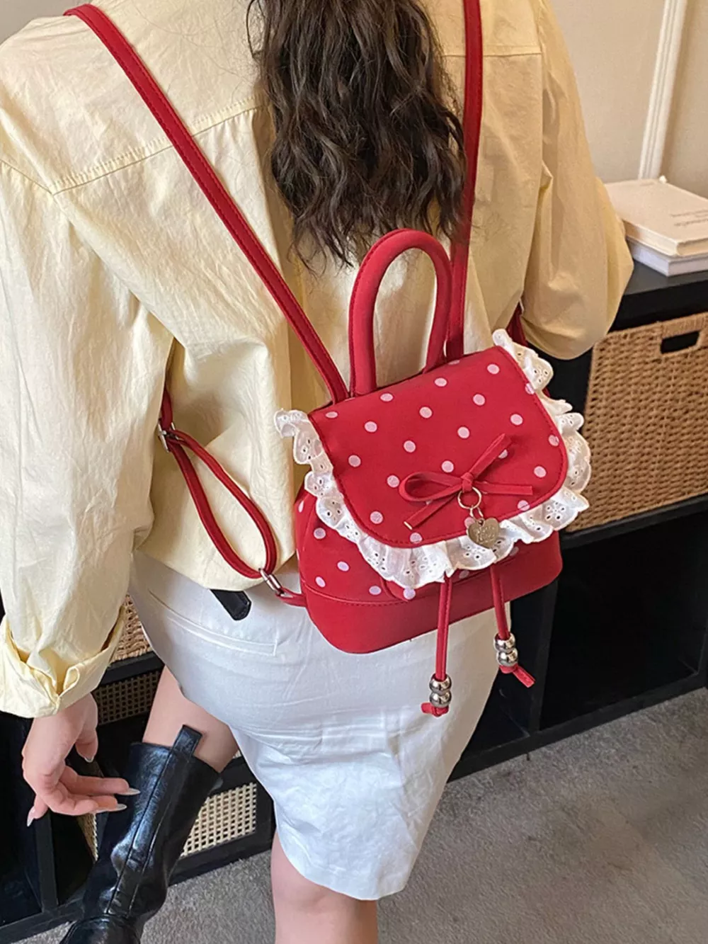 Polka Dot Lace Trim Backpack Bag, image 9