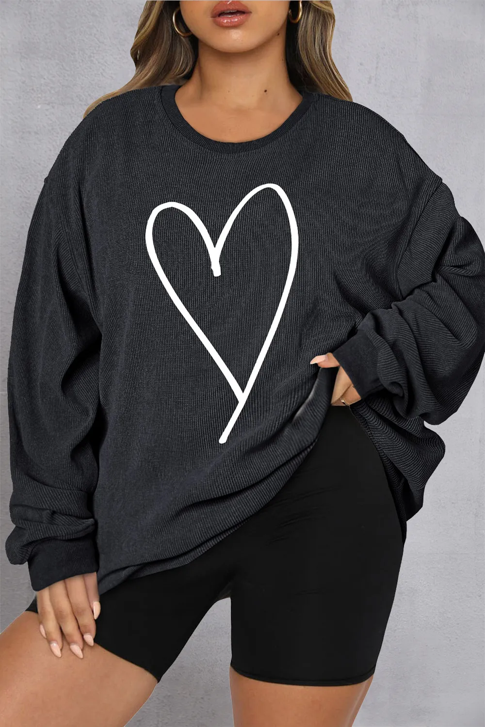 Plus Size Heart Ribbed Round Neck Sweatshirt, image 9