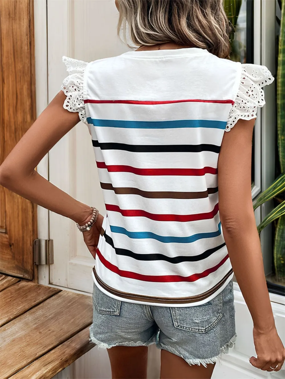Striped Round Neck Cap Sleeve T-Shirt, image 10
