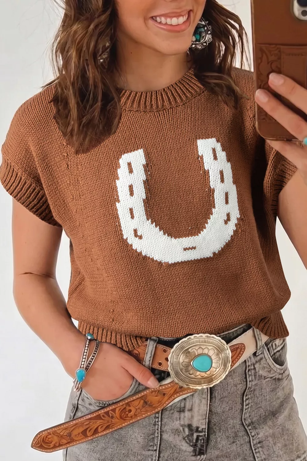 Western Horseshoe Pattern Short Sleeve Knit Sweater, image 5
