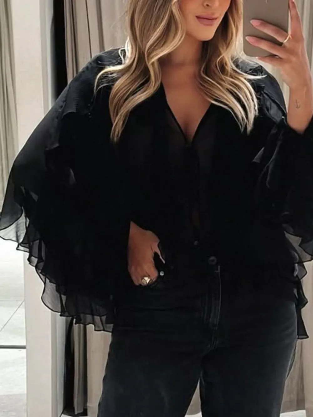 Ruffled Sheer Long Sleeve Blouse, image 25