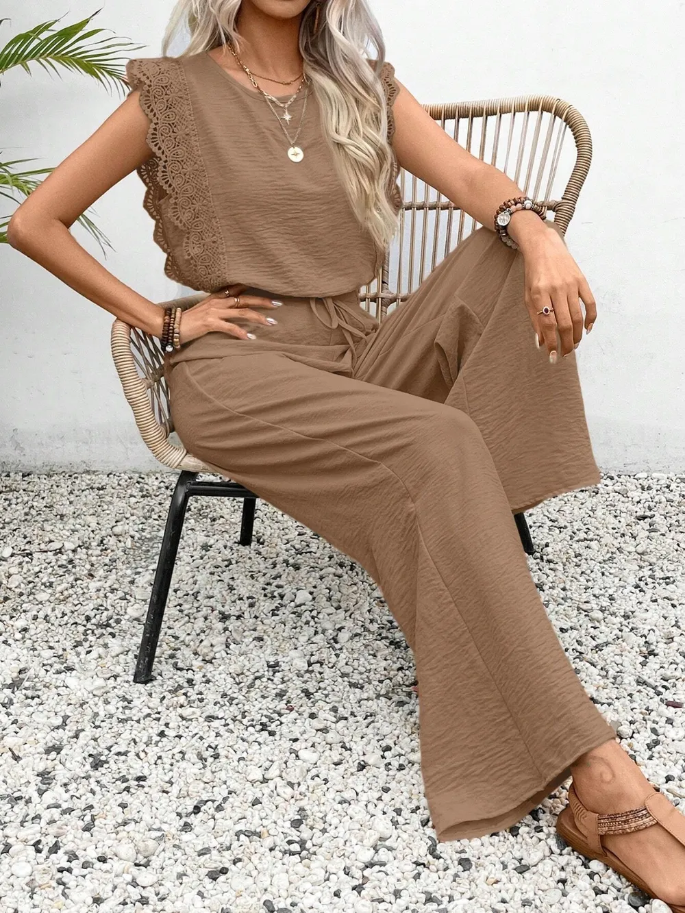 Lace Trim Round Neck Top and Pants Set, image 26