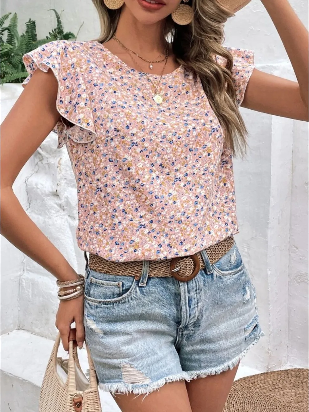 Ditsy Floral Round Neck Cap Sleeve Top, image 7