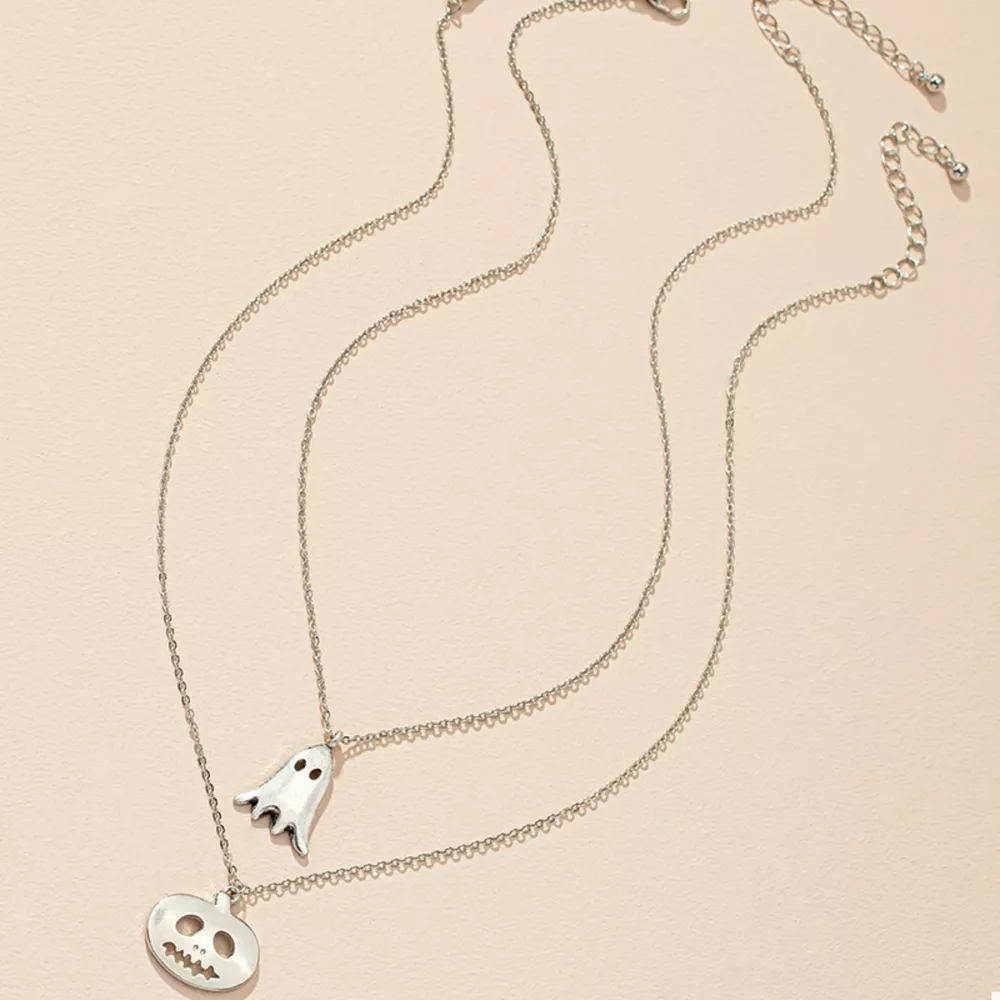 2 Piece Halloween Ghost & Pumpkin Pendant Necklace