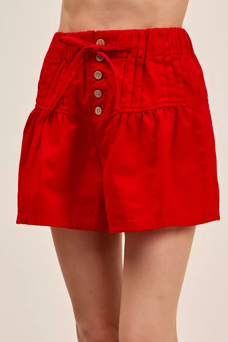 Solid Twill Denim Pintucked Buttoned Shorts With Waist Tie, image 2