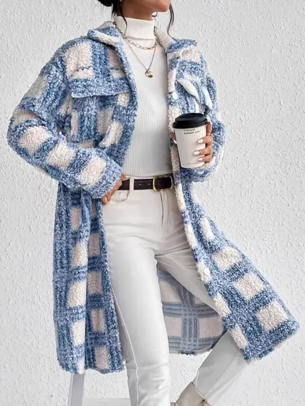 Plaid Button Up Long Sleeve Fleece Coat, image 5