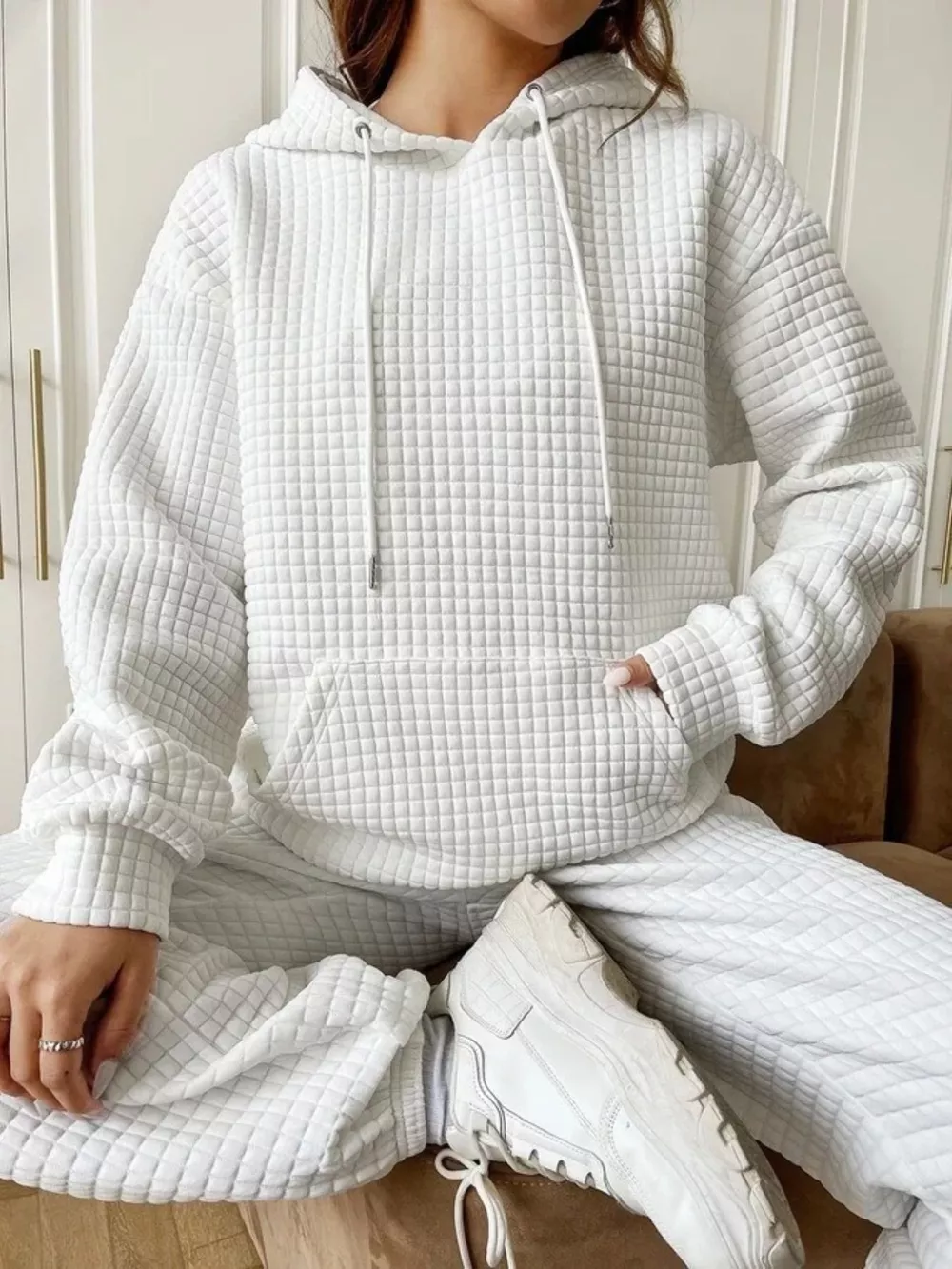 Full Size Textured Kangaroo Pocket Hoodie Plus Size, image 16