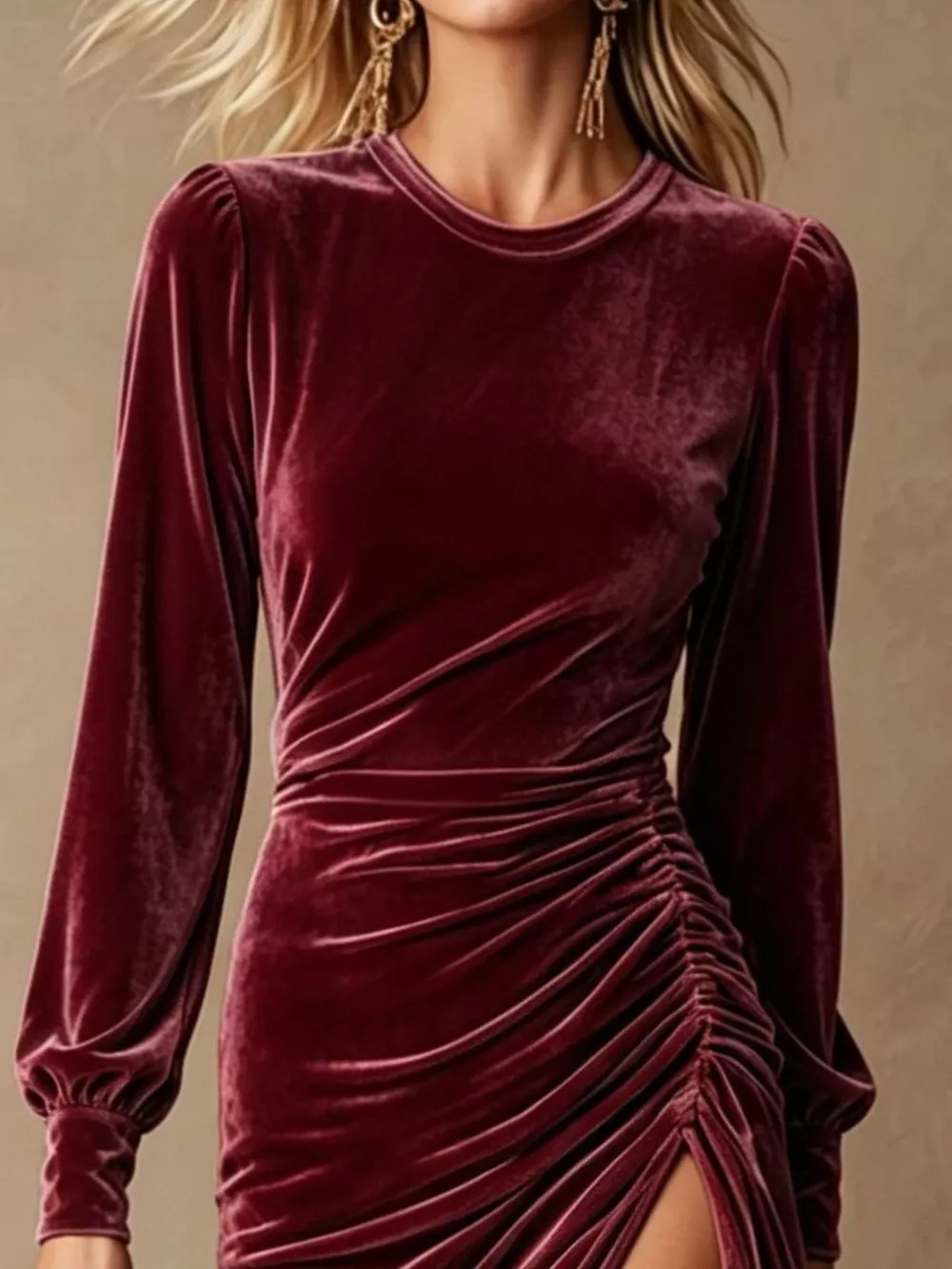 Velvet Ruched Long-Sleeve Slit Dress, image 11