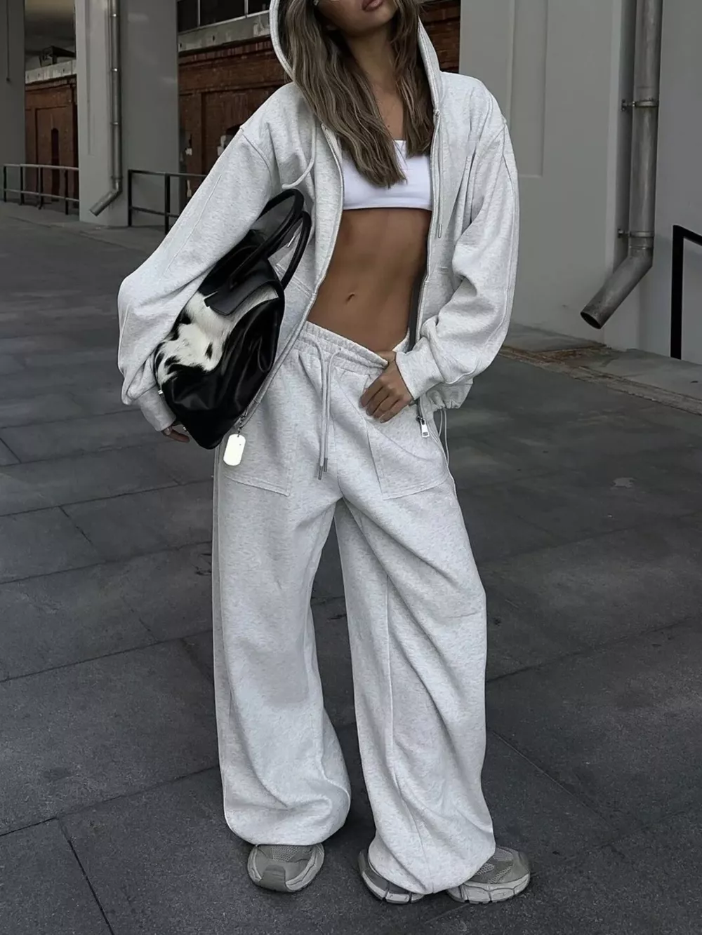 Oversized Zip-Up Hoodie and Wide-Leg Pants Set, image 9