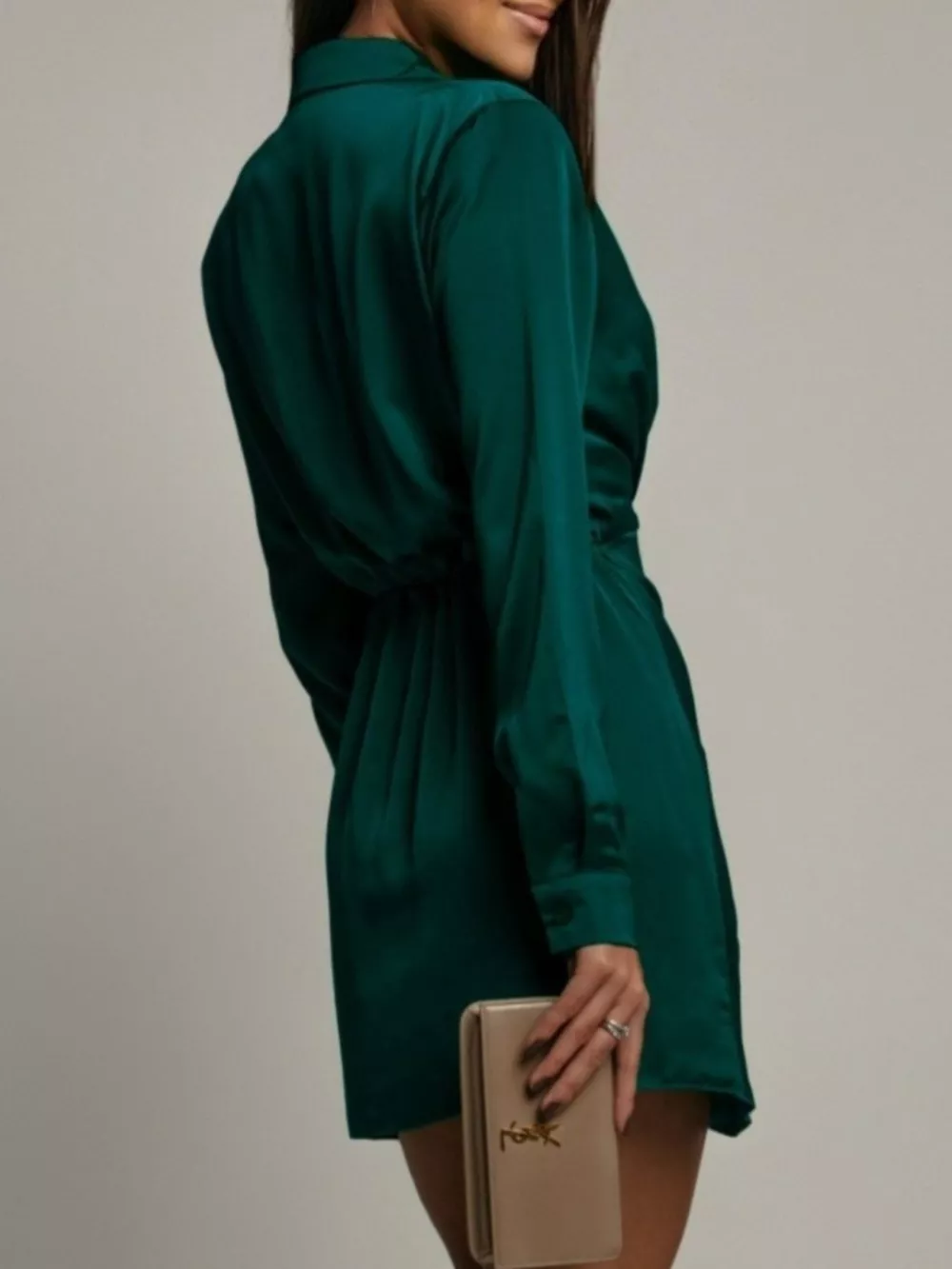 Collared Neck Long Sleeve Satin Dress, image 11