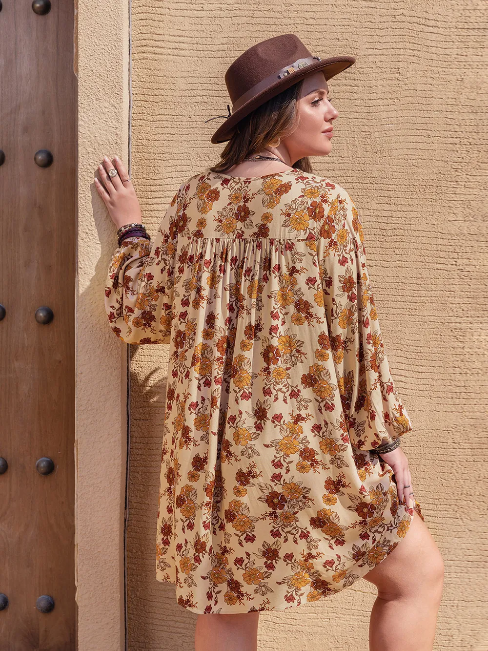 Plus Size Printed V-Neck Balloon Sleeve Mini Dress, image 6