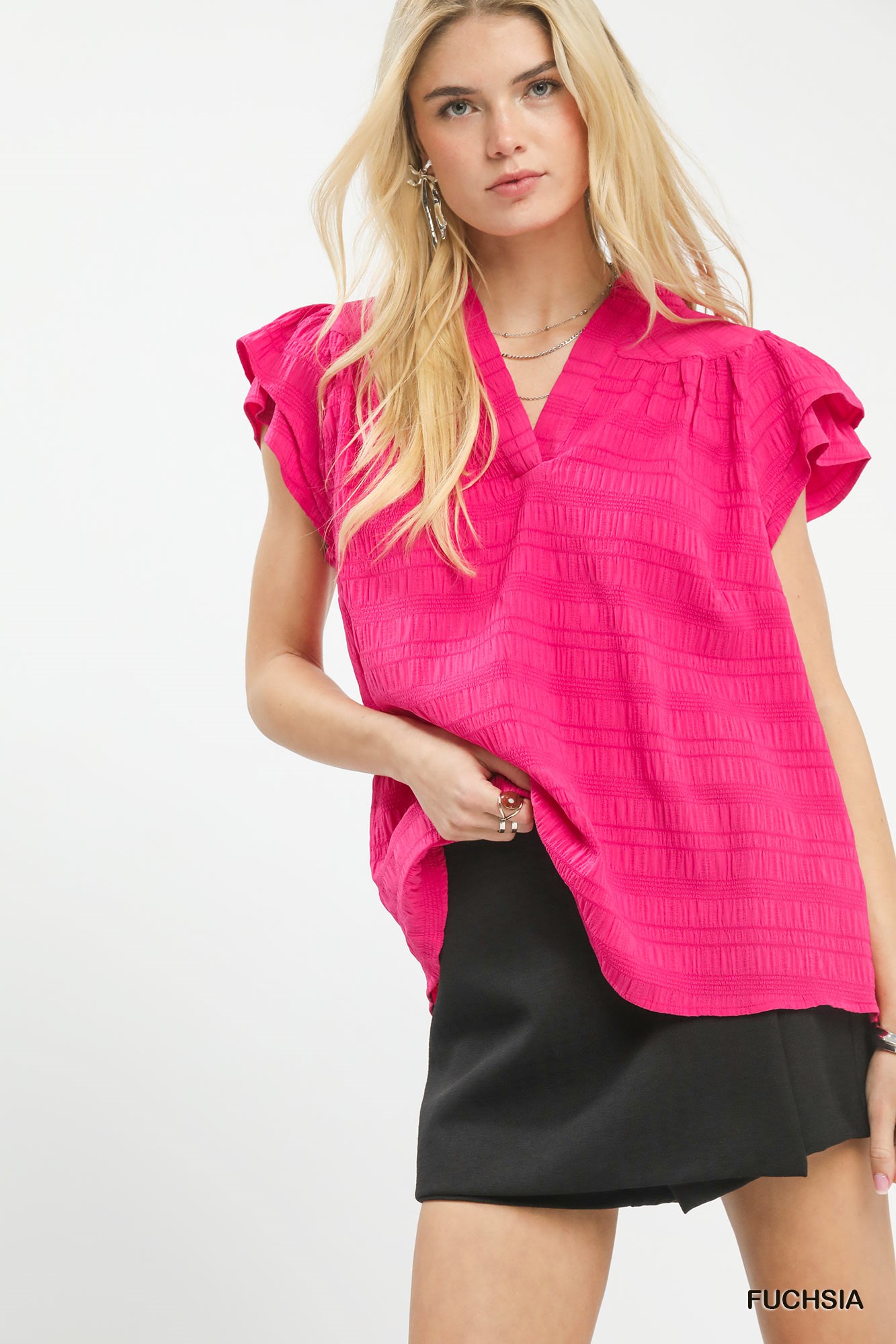 Textured Flutter Sleeve Split Neck Top