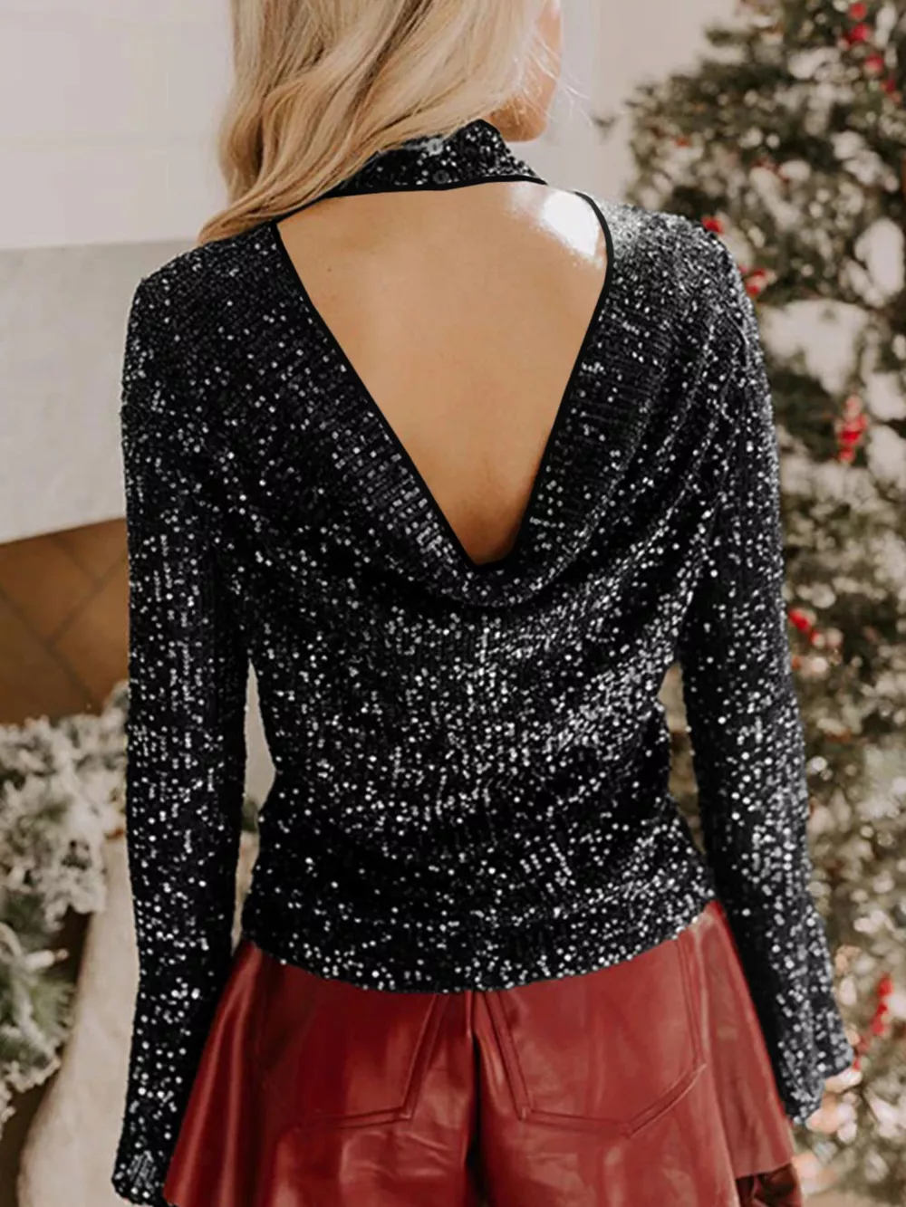 Sequin Mock Neck Drape Open Back Bell Sleeve Top, image 4