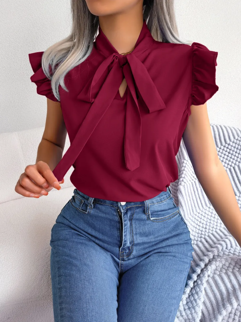 Tie Neck Cap Sleeve Blouse, image 16