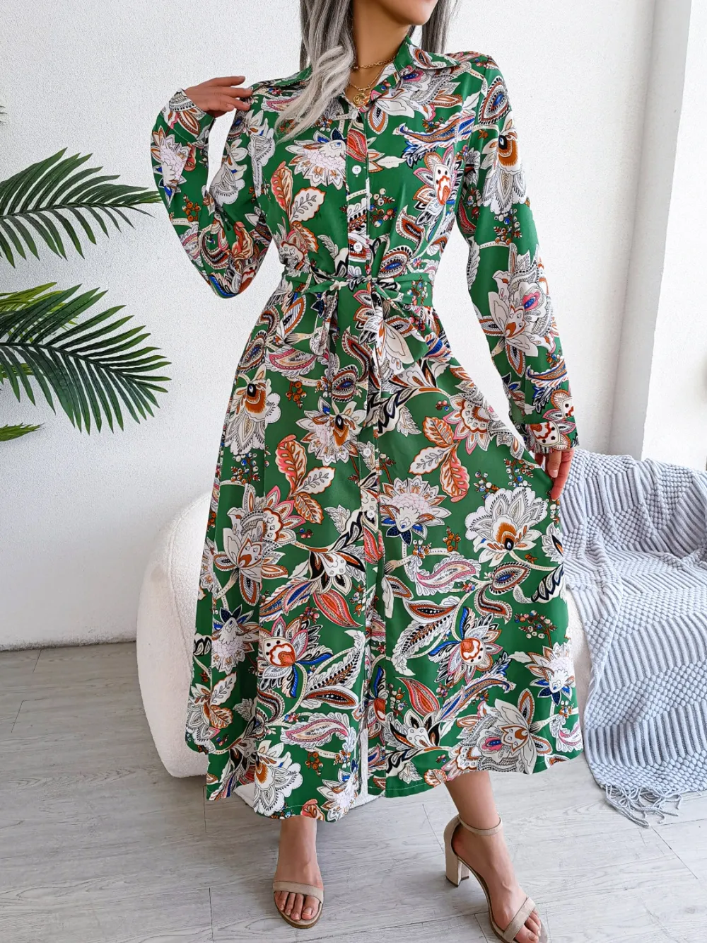 Tied Printed Long Sleeve Midi Dress, image 14