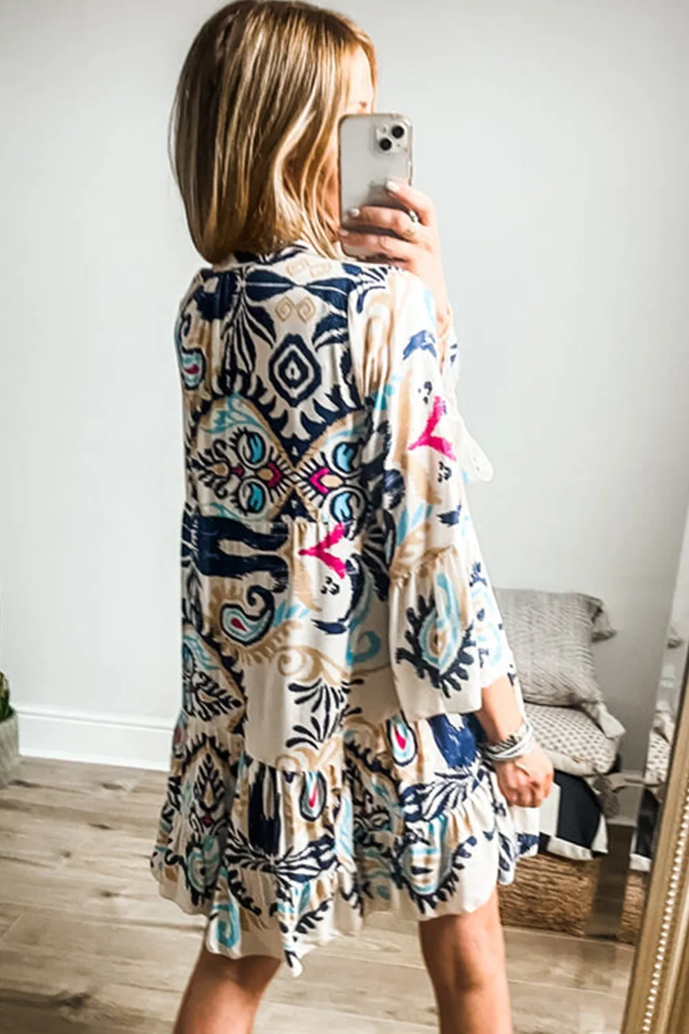 Printed Notched Three-Quarter Sleeve Mini Dress, image 7