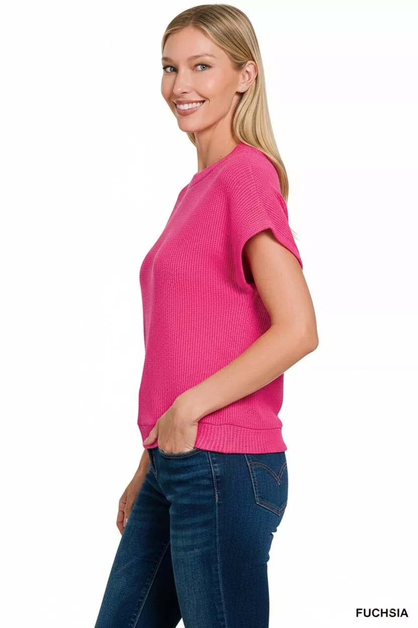Round Neck Banded Botton Short Sleeve Sweater, image 3