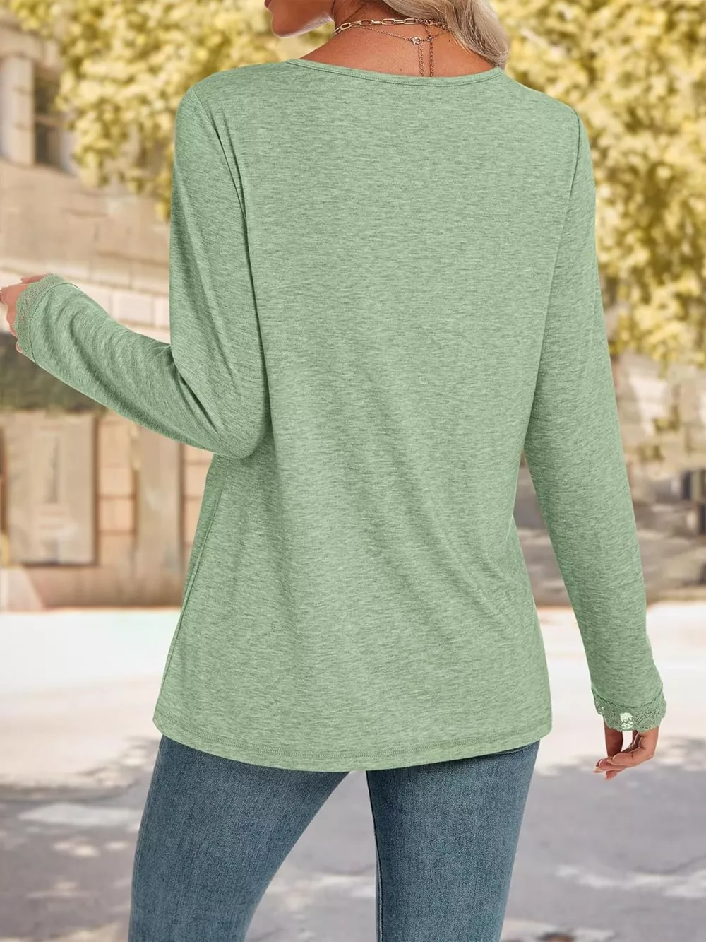 Lace Trim V-Neck Long Sleeve T-Shirt, image 12