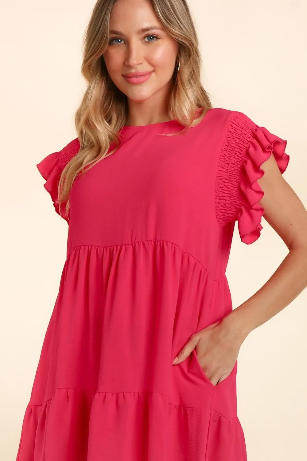 Full Size Smocking Ruffle Short Sleeve Dress with Pockets, image 4