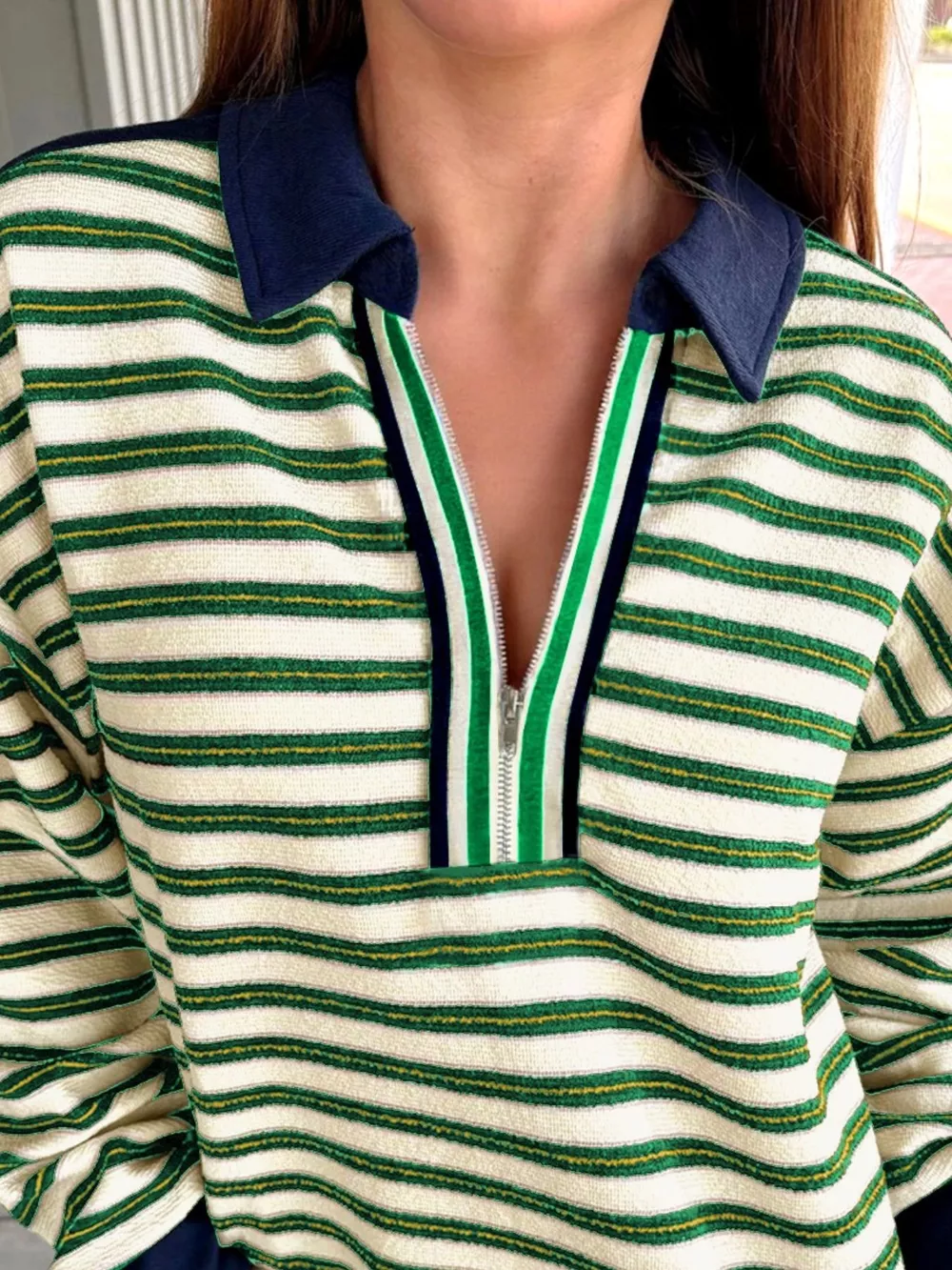 Striped Zip-Up Collar Sweatshirt, image 2