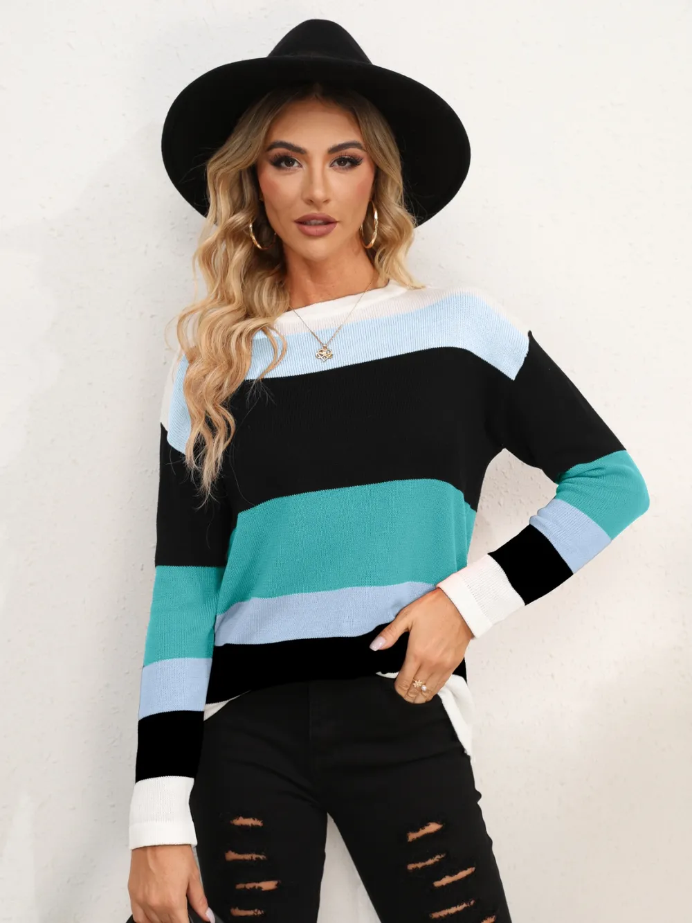 Striped Round Neck Dropped Shoulder Sweater, image 14