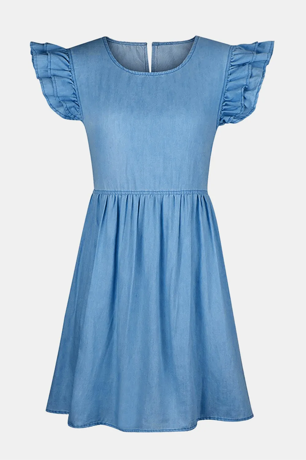 Full Size Ruffled Round Neck Cap Sleeve Denim Dress, image 9