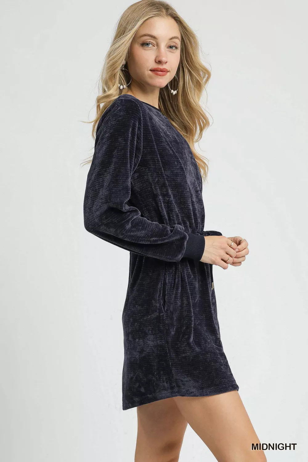 Velour Drawstring Mini Dress with Long Sleeves, image 2