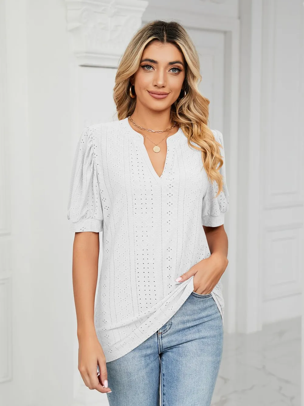 Eyelet Notched Short Sleeve T-Shirt, image 11