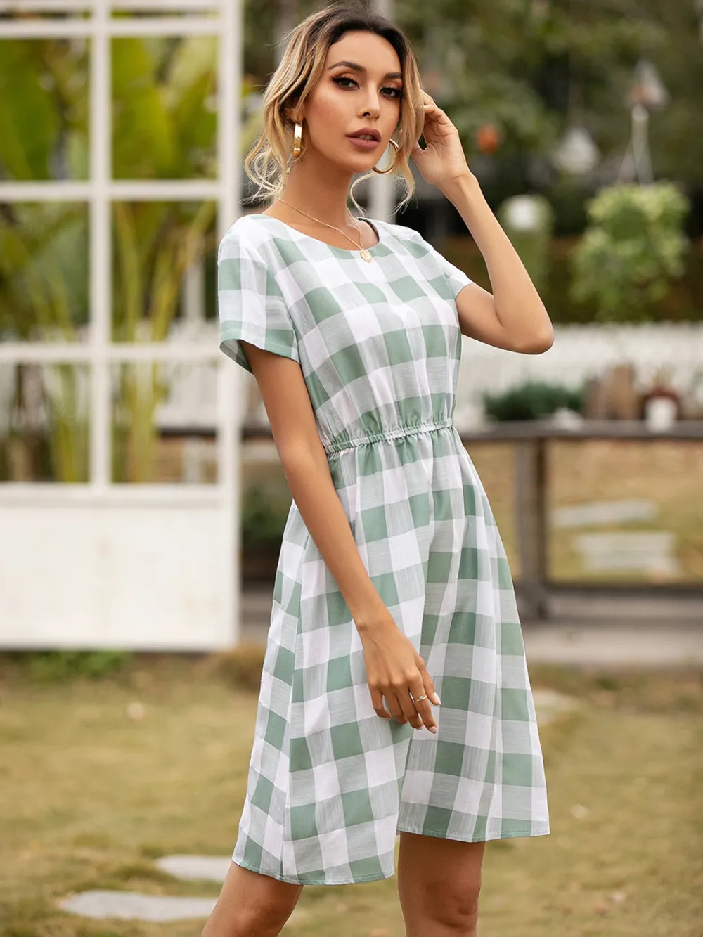 Smocked Plaid Round Neck Short Sleeve Dress, image 6