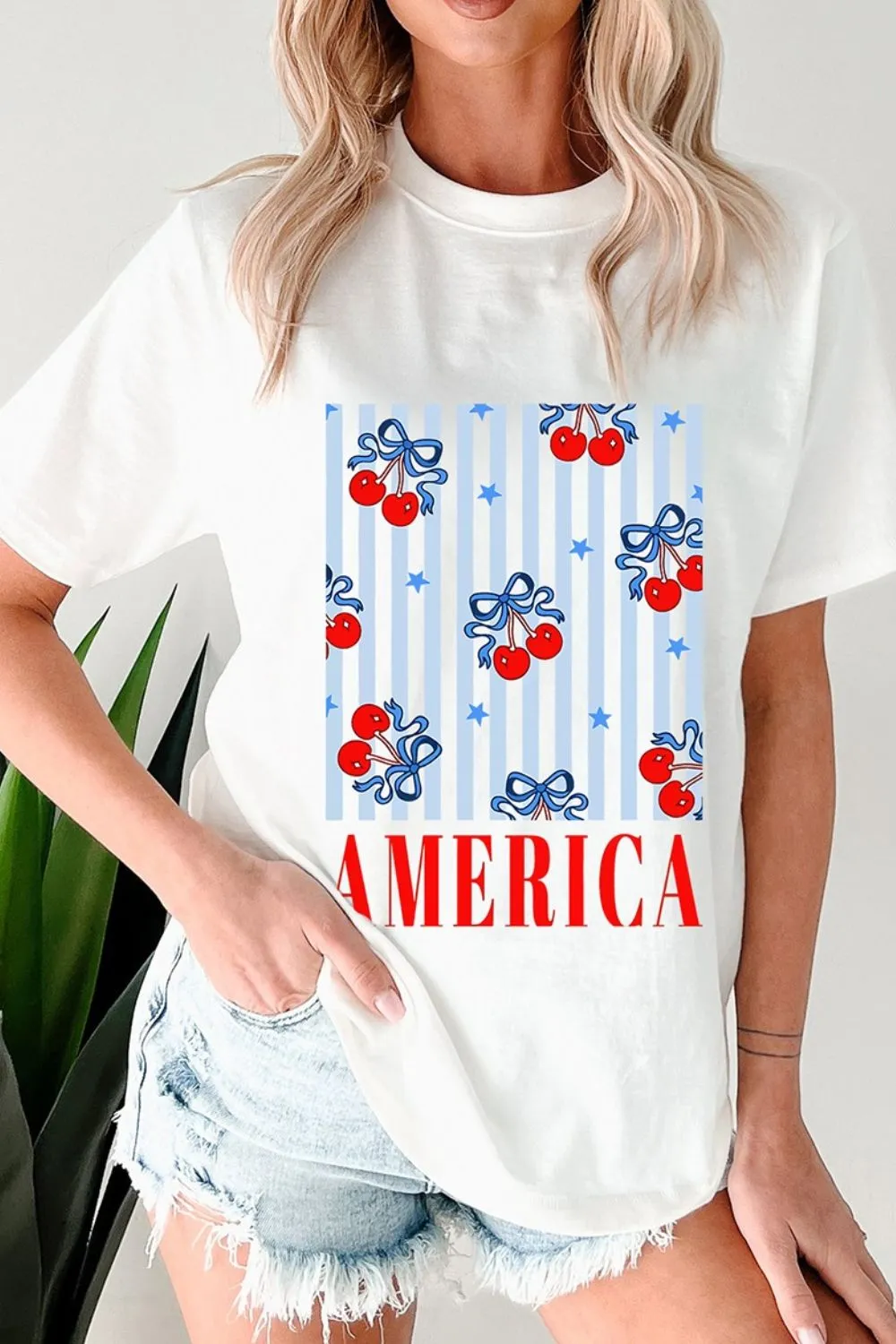 Bow Cherry AMERICA Graphic Crewneck Patriotic T Shirt, image 6