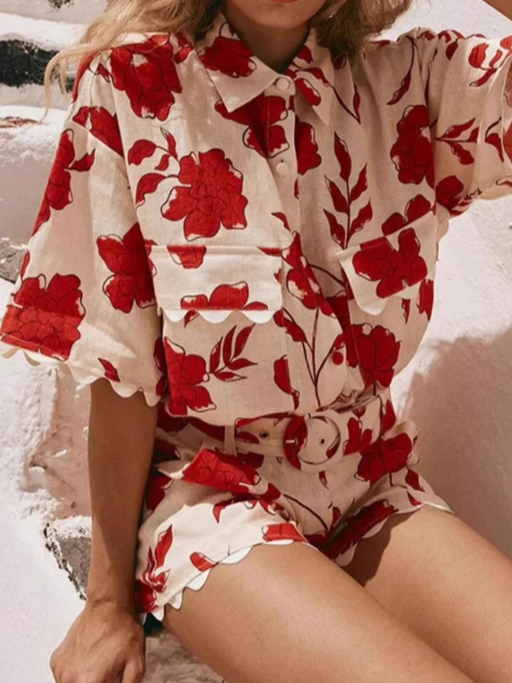 Floral Print Scalloped Edge Top and Shorts Set, image 5