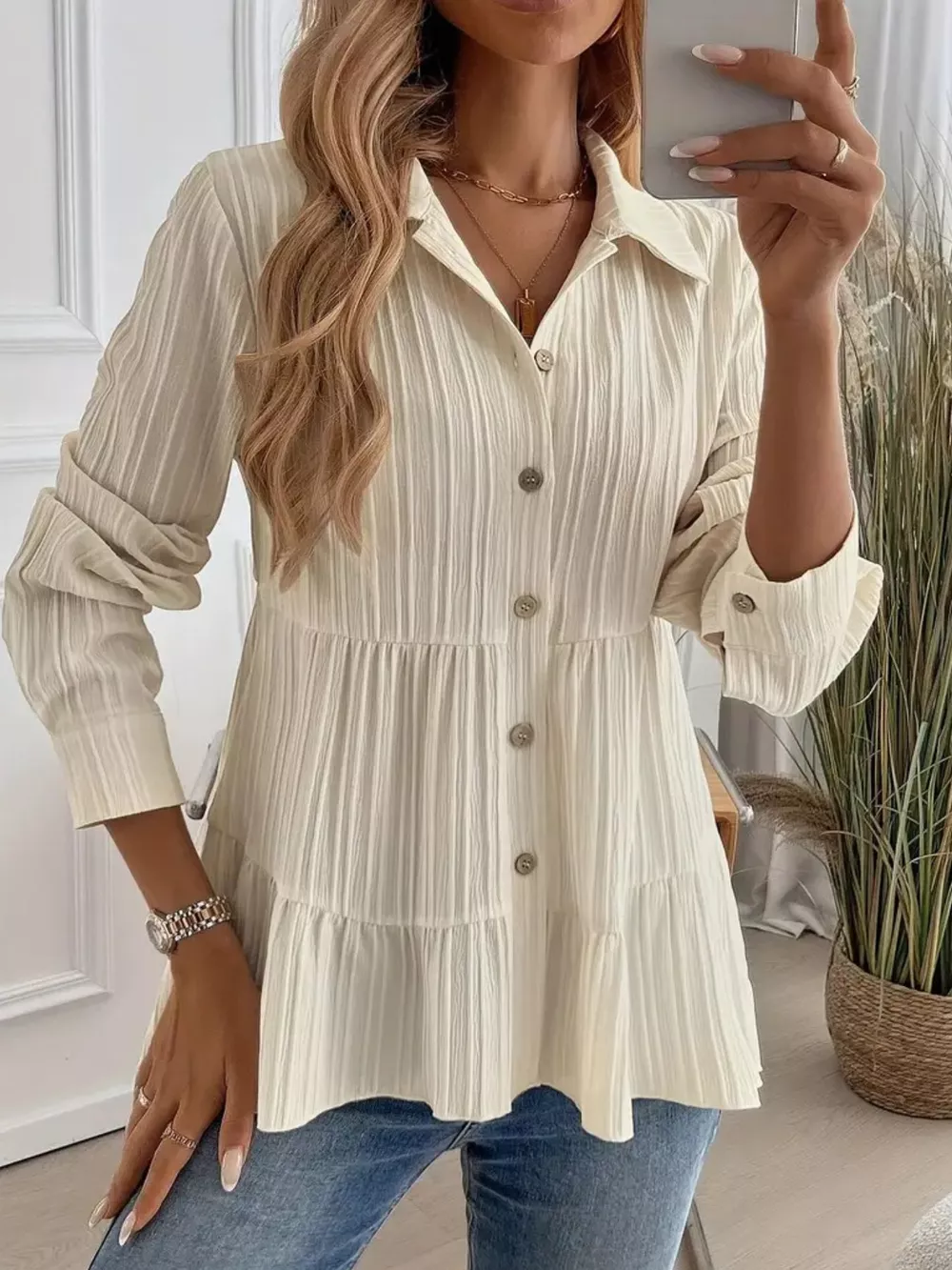 Button-Down Long Sleeve Tiered Shirt, image 2