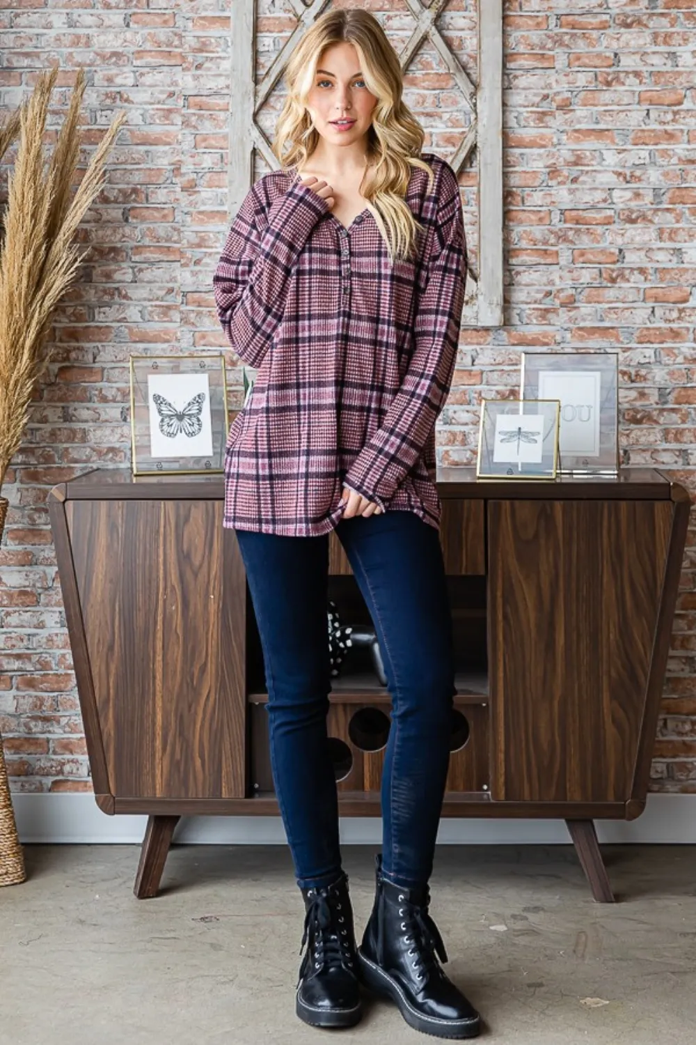 Full Size Plaid V-Neck Long Sleeve Top, image 6