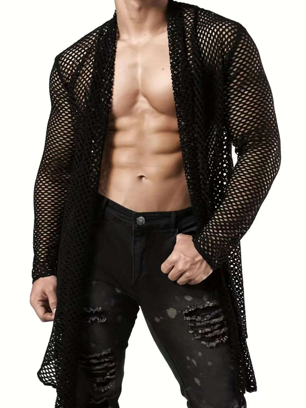 Men's Openwork Open Front Long Sleeve Cover-Up, image 6