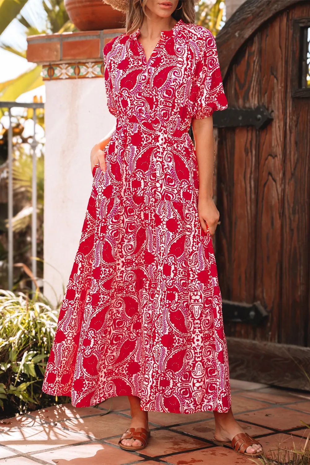 Paisley Print Side Slit Puff Sleeve High Waist Maxi Dress, image 6