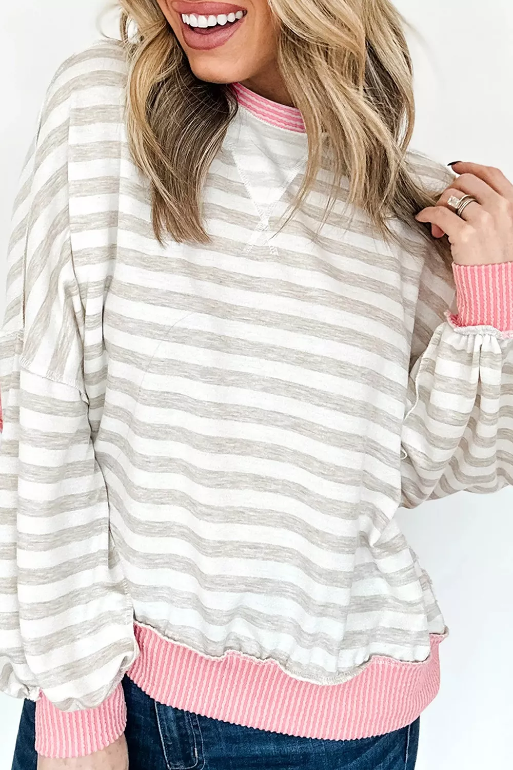 Twisted Rib Trim Striped Round Neck Loose Pullover Sweatshirt, image 3