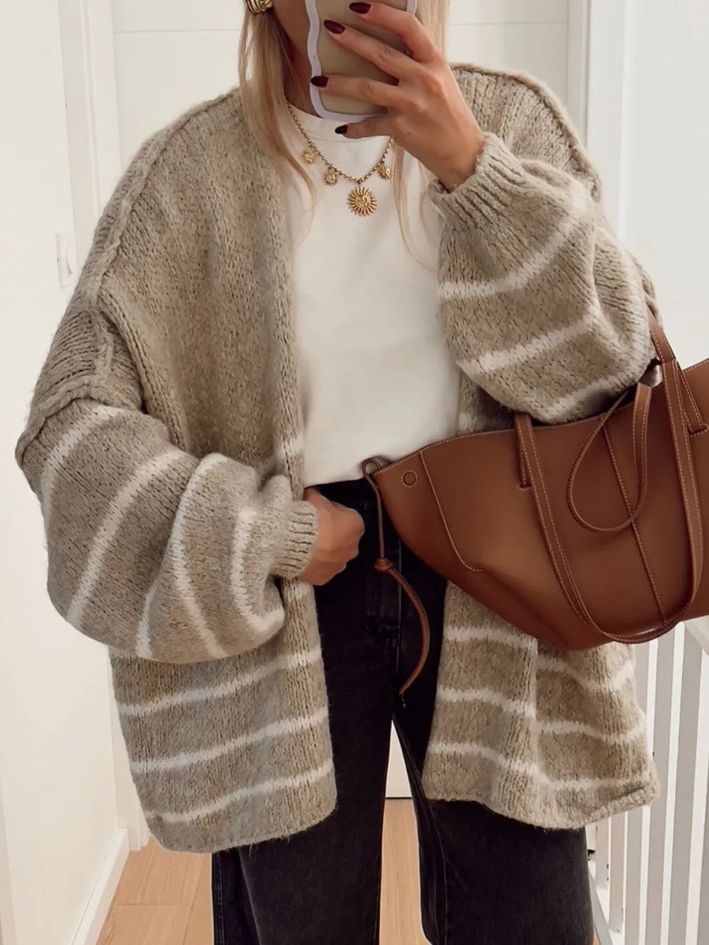 Striped Open Front Dropped Shoulder Cardigan, image 10