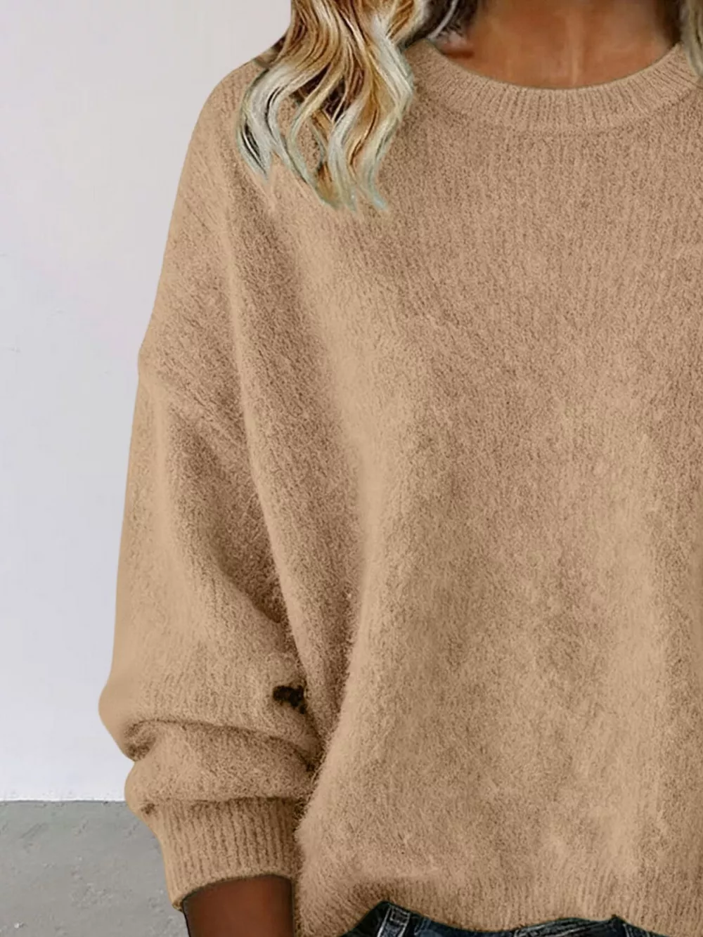 Full Size Round Neck Dropped Shoulder Sweater Plus Size, image 18