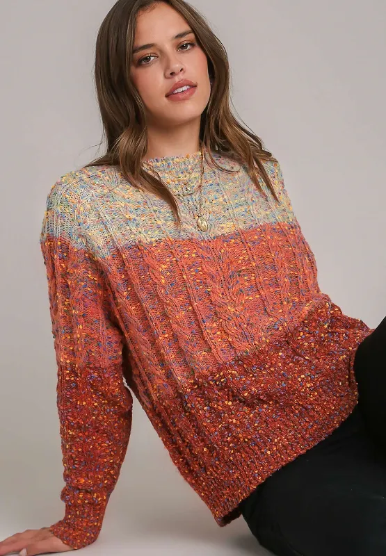Cable-Knit Color Block Round Neck Long Sleeve Sweater, image 2